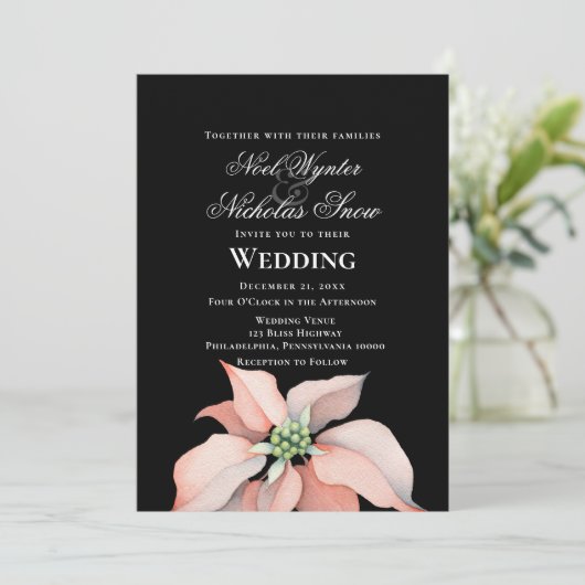 Kerstmagie/ Poinsettia Bloem/ Zwarte Bruiloft Aankondiging (Staand voorkant)