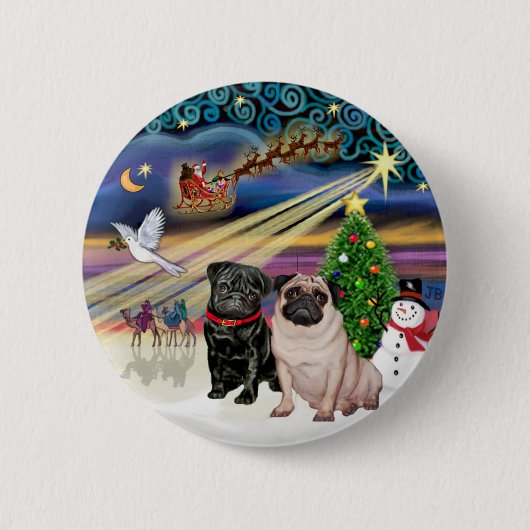 Kerstmagie (R) - Twee Pugs (F + B) Ronde Button 5,7 Cm (Voorkant)