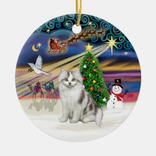 Kerstmagie -Ragamuffin grijs-witte kat- Keramisch Ornament (Voorkant)