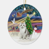 Kerstmagie -Ragamuffin grijs-witte kat- Keramisch Ornament (Links)