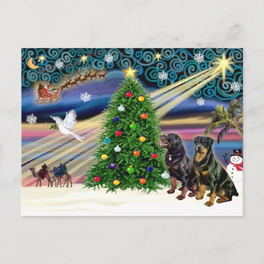 Kerstmagie Rottweilers (twee) Feestdagenkaart (Voorkant)