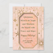 Kerstmagie roze gouden sterren foto feestdagenkaart (Voorkant)