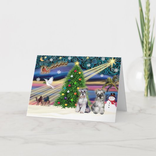 Kerstmagie Schnauzers (twee) Feestdagen Kaart (Voorkant)