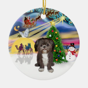 Kerstmagie - Shih Tzu (bruin/wit) Keramisch Ornament