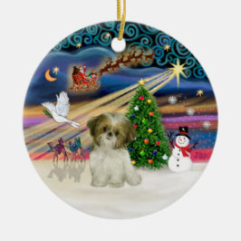 Kerstmagie - Shih Tzu Puppy (bruin-wit) Keramisch Ornament