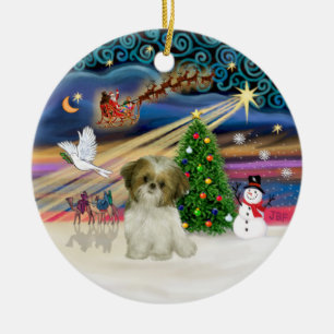 Kerstmagie - Shih Tzu Puppy (bruin-wit) Keramisch Ornament