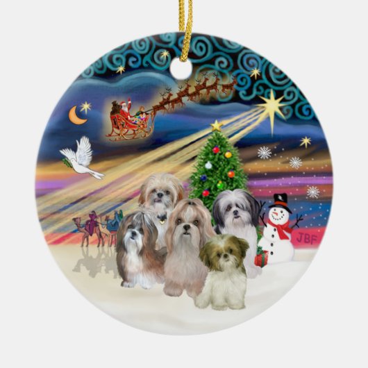 Kerstmagie - Shih Tzus (VIJF) Keramisch Ornament (Voorkant)