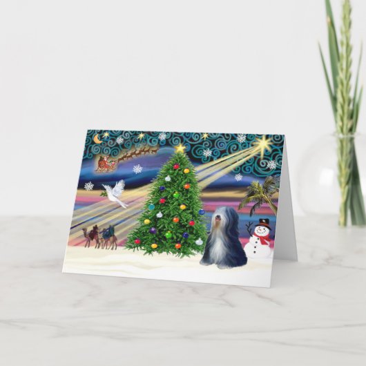 Kerstmagie Tibetaanse Terriër (zwart-wit) Feestdagen Kaart (Voorkant)
