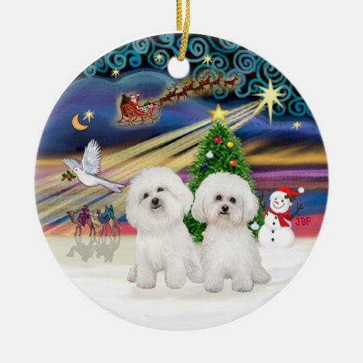 Kerstmagie - Twee Bichon Frise Keramisch Ornament (Voorkant)