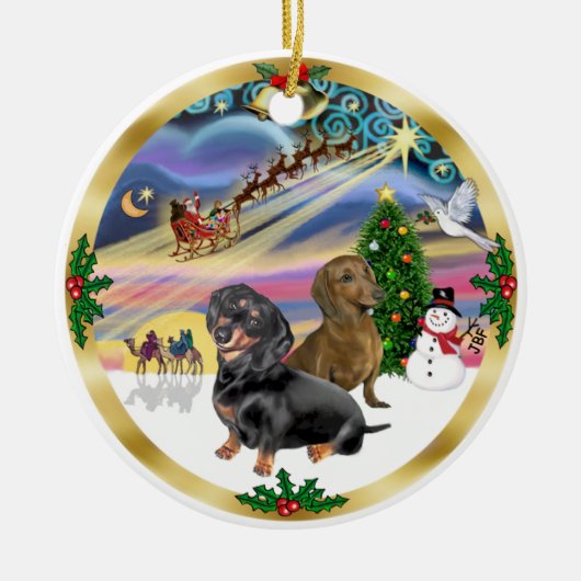 Kerstmagie - Twee Dachshonden (zw+rd) Keramisch Ornament (Voorkant)