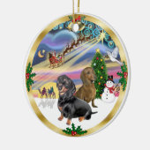Kerstmagie - Twee Dachshonden (zw+rd) Keramisch Ornament (Links)