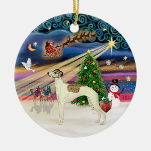 Kerstmagie - Whippet 3 (crème-gestreept) Keramisch Ornament (Voorkant)