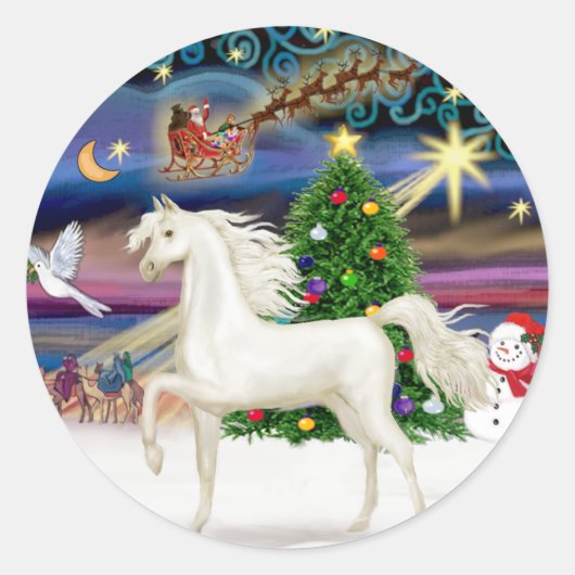 Kerstmagie - Wit Arabisch Paard Ronde Sticker (Voorkant)