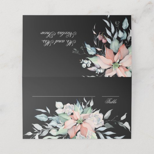 Kerstmagisch | Zwart | Poinsettia Wedding Plaatskaartje (Buitenkant ongevouwen)