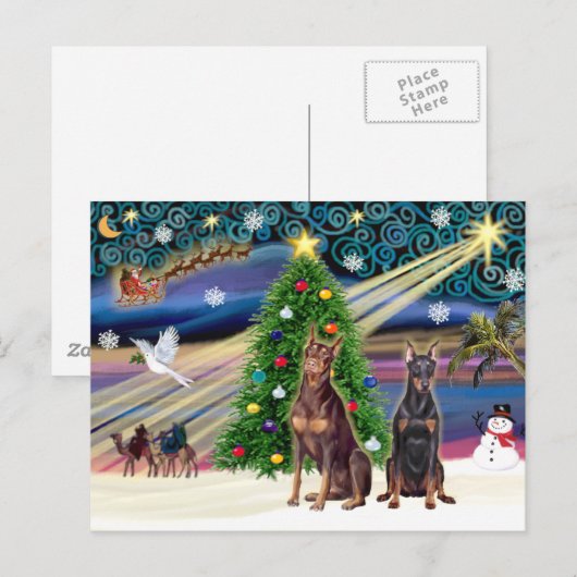 Kerstmagische Doberman Pinschers (twee) Feestdagenkaart (Voorkant / Achterkant)