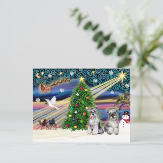 Kerstmagische schnauzers (twee) feestdagenkaart (Staand voorkant)