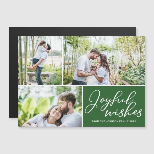 Kerstmagneetkaart Groen 3 foto's met vrolijke wens (Voorkant / Achterkant)
