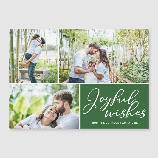 Kerstmagneetkaart Groen 3 foto's met vrolijke wens (Voorkant)