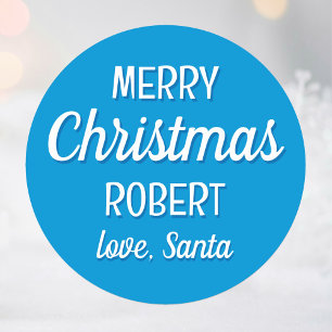 Kerstman Aangepaste Naam Typografie Blauw Ronde Sticker