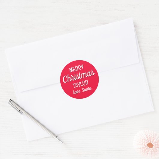 Kerstman Aangepaste Naam Typografie Rood Ronde Sticker (Envelop)