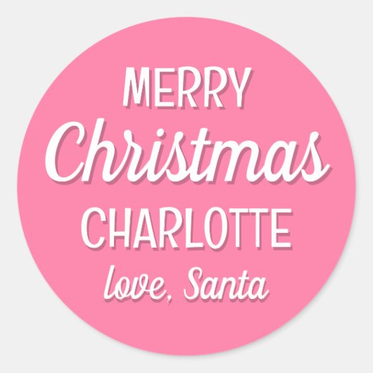 Kerstman Aangepaste Naam Typografie Roze Ronde Sticker (Voorkant)