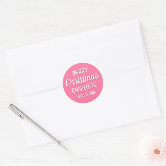 Kerstman Aangepaste Naam Typografie Roze Ronde Sticker (Envelop)