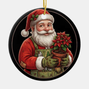 Kerstman als tuinman Poinsettia Kerstornament Keramisch Ornament