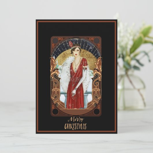 Kerstman  Art Deco Lady Feestdagenkaart (Staand voorkant)