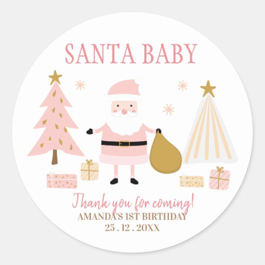 Kerstman Baby, Kerstmis Verjaardagsfeestgunst Ronde Sticker (Voorkant)