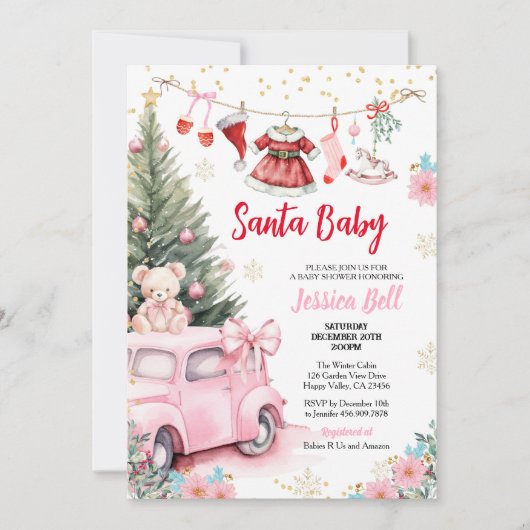 Kerstman Baby shower Meisje Rood Roze Schattige Kaart (Voorkant)