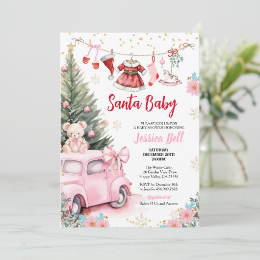 Kerstman Baby shower Meisje Rood Roze Schattige Kaart (Staand voorkant)