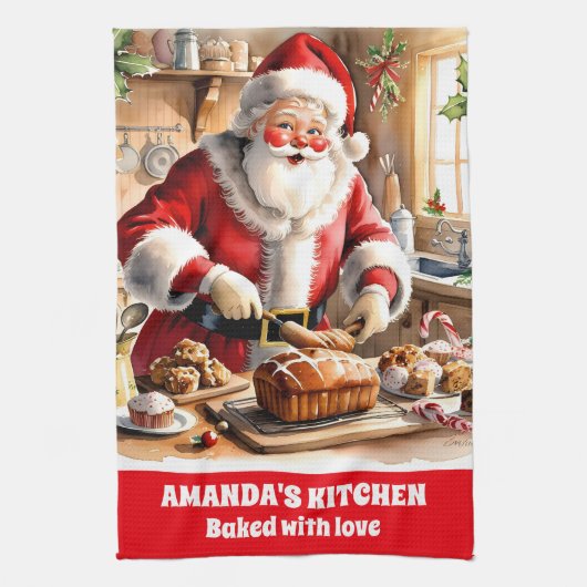 Kerstman bakken kerstbrood gepersonaliseerde vakan theedoek (Verticaal)