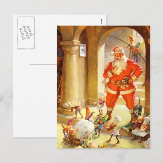 Kerstman begeleidt Elfen bakken kerstkoekjes Feestdagenkaart (Voorkant / Achterkant)