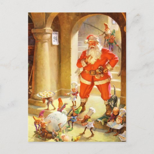 Kerstman begeleidt Elfen bakken kerstkoekjes Feestdagenkaart (Voorkant)