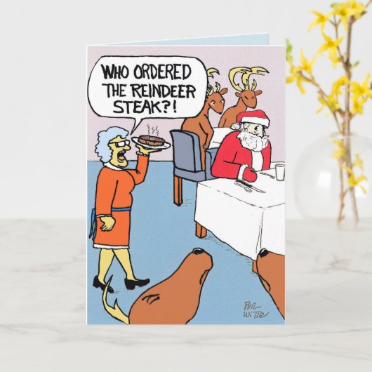 Kerstman bestelt een rendierbiefstuk. kaart (Gele Bloem)