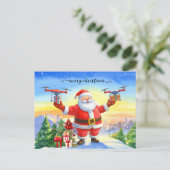 Kerstman bezorgt cadeaus met drone met Kerstmis Feestdagenkaart (Staand voorkant)