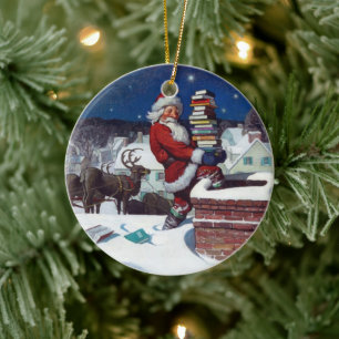 Kerstman bezorgt kerstboeken keramisch ornament