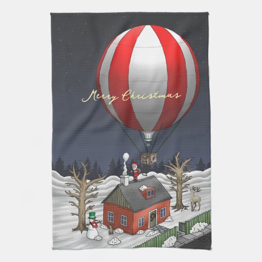 Kerstman bezorgt kerstcadeaus theedoek (Verticaal)