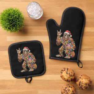 Kerstman Bigfoot Kerstverlichting Rock Grappig Ovenwant & Pannenlap Set