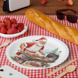 Kerstman bij de grill met kerst papieren bordje
