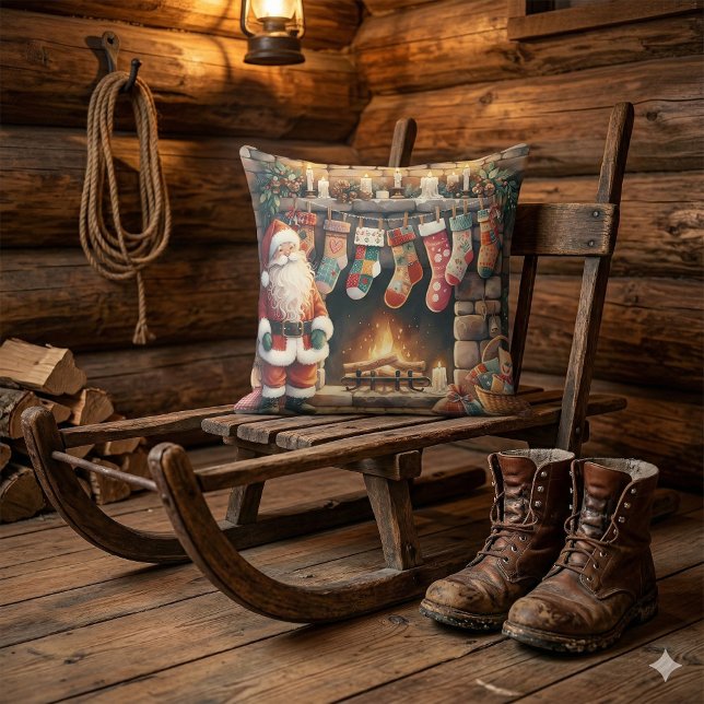 Kerstman bij de Haard Kerstmutsen Kussen (Santa by Fireplace Christmas Stockings Throw Pillow Mockup C)