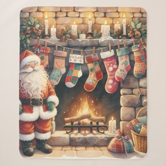 Kerstman bij de haard Kerstsokken Sherpa Deken (Voorkant)