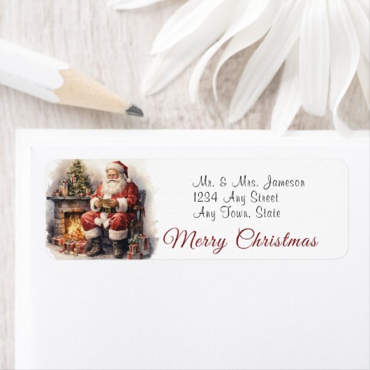 Kerstman bij de haard Prettig Kerstfeest   Etiket (Insitu)