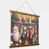 Kerstman bij open haard Kerstkousen Hangend Wandkleed (Gebogen)