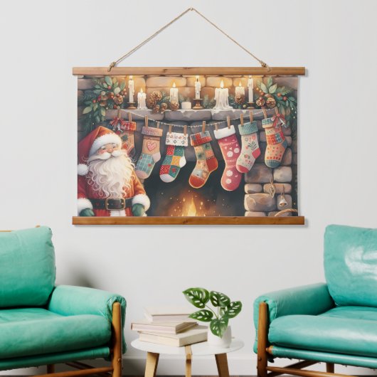 Kerstman bij open haard Kerstkousen Hangend Wandkleed (Woonkamer)