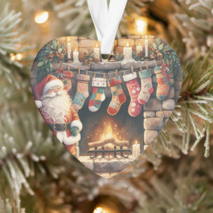 Kerstman bij open haard kerstsokken ornament