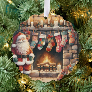 Kerstman bij open haard kerstsokken ornament kaart