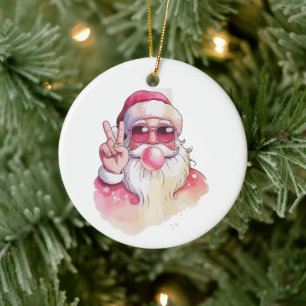 Kerstman blaast kauwgom Roze zonnebril  Keramisch Ornament