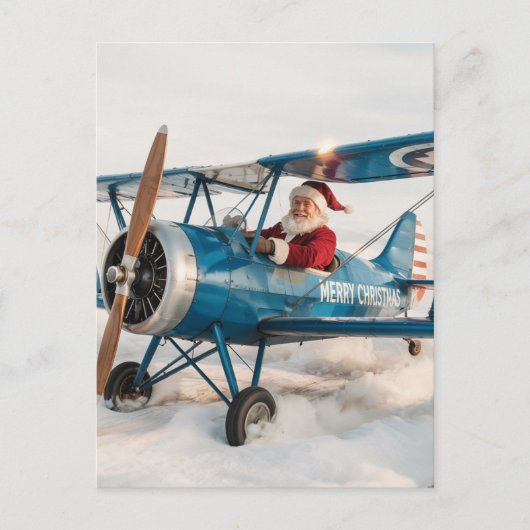 Kerstman blauw tweedekker vliegtuig & foto grappig briefkaart (Voorkant)