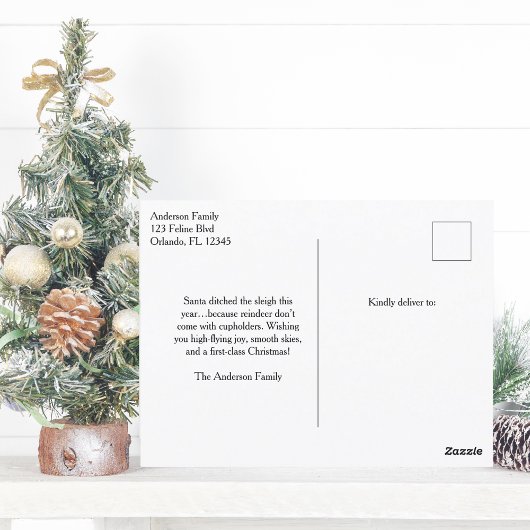 Kerstman blauw tweedekker vliegtuig & foto grappig briefkaart